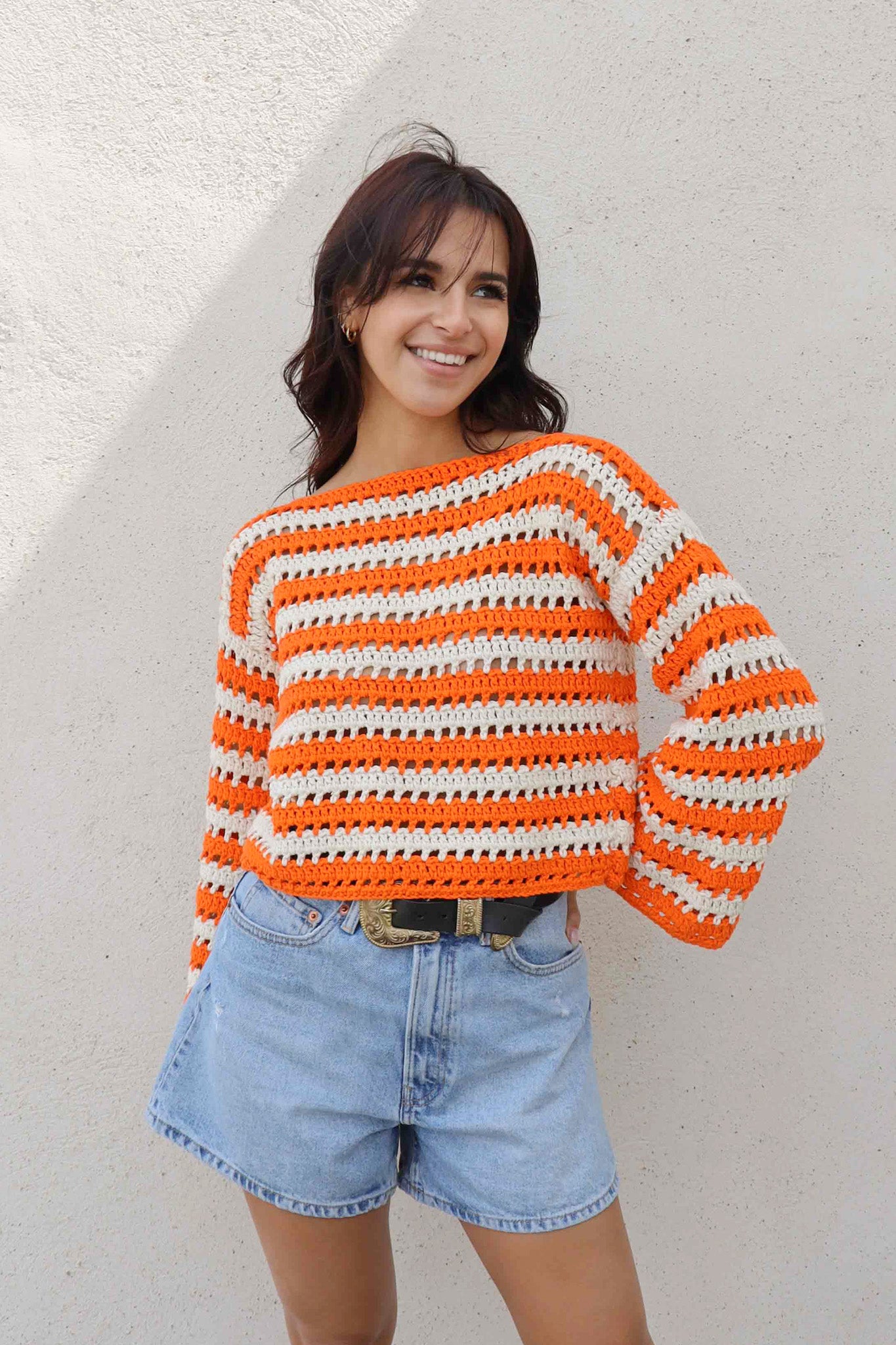 Pull Brigitte crochet rayures orange